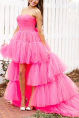 Stylish High Low Strapless Fuchsia Prom Dress with Ruffles