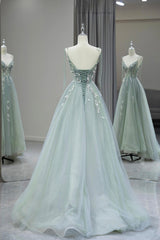 Stylish Spaghetti Strap Tulle Floor Length Formal Dress, Gray Green V-Neck Backless Party Dress