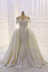 Weddings Dress Long Sleeve, Sweetheart Lace Appliques Off the Shoulder Detachable Train Wedding Dress