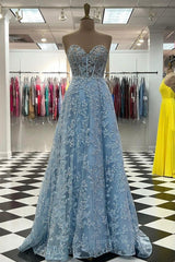 Classy Prom Dress, Sweetheart Neck Blue Lace Appliques Long Prom Dress with Long Sleeves, Blue Lace Floral Formal Graduation Evening Dress