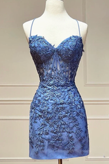 Bridesmaids Dresses Online, Sweetheart Neck Short Blue Lace Prom Dresses, Short Blue Lace Formal Homecoming Dresses