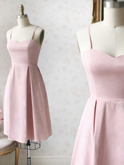 Prom Dress A Line, Sweetheart Neck Short Pink Satin Prom Dresses, Short Pink Formal Graduation Homecoming Dresses