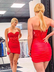 Satin Dress, Sweetheart Neck Short Red Lace Prom Dresses, Short Red Lace Formal Homecoming Dresses