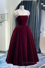 Bridesmaid Dress Shops, Tea Length Velvet Prom Dresses, Velvet Tea Length Formal Homecoming Dresses