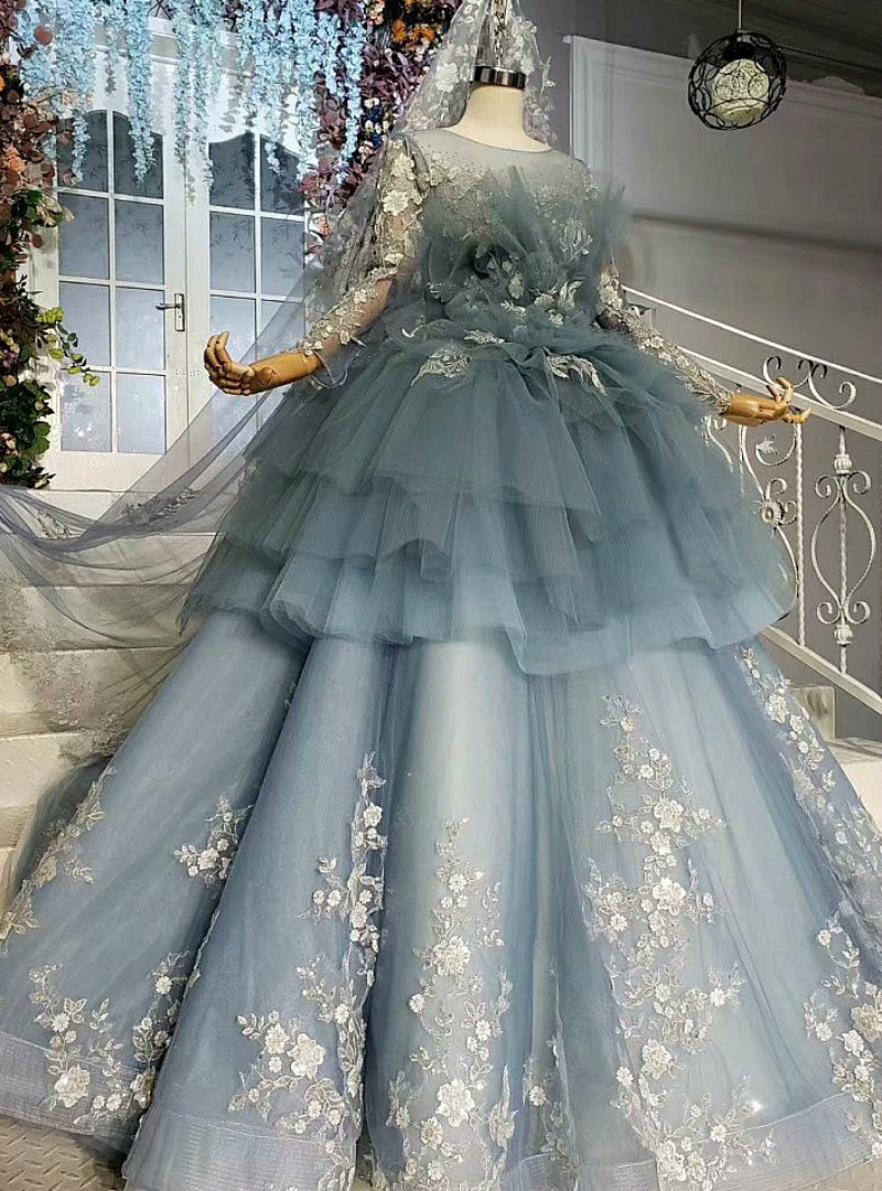 Temperament Blue Ball Gown Tulle Appliques Long Sleeve Wedding Dress