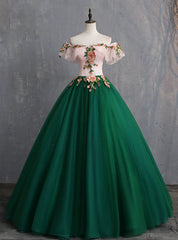 The Cheap Price Green Ball Gown Tulle Off the Shoulder Appliques Quinceanera Dress