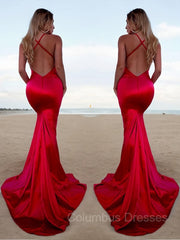 Party Dress Boho, Trumpet/Mermaid Halter Sweep Train Silk like Satin Prom Dresses With Leg Slit