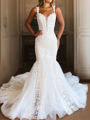 Wedding Dresses With Sleeves Lace, Trumpet/Mermaid Off-the-Shoulder Cathedral Train Tulle Wedding Dresses