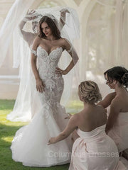 Wedding Dresses Color, Trumpet/Mermaid Off-the-Shoulder Chapel Train Tulle Wedding Dresses