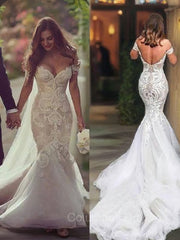 Wedding Dresses Colorful, Trumpet/Mermaid Off-the-Shoulder Chapel Train Tulle Wedding Dresses