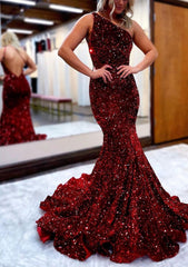 Evening Dresses V Neck, Trumpet/Mermaid One-Shoulder Sleeveless Long/Floor-Length Velvet Sequins Prom Dress