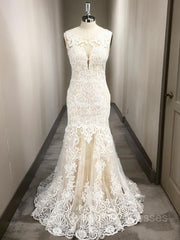 Wedding Dresse Lace, Trumpet/Mermaid Scoop Sweep Train Tulle Wedding Dresses With Appliques Lace