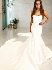 Wedding Dresses Lace Sleeve, Trumpet/Mermaid Strapless Court Train Satin Wedding Dresses