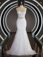 Wedding Dress With Pockets, Trumpet/Mermaid Sweetheart Court Train Tulle Wedding Dresses with Appliques Lace