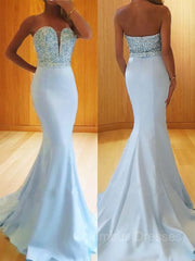 Formal Dresses Long Sleeves, Trumpet/Mermaid Sweetheart Sweep Train Satin Prom Dresses With Beading