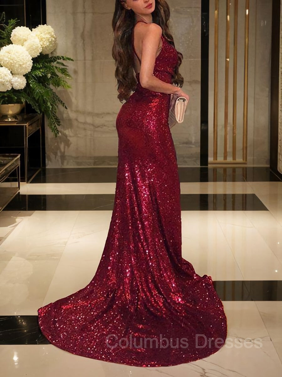 Party Dresses Style, Trumpet/Mermaid V-neck Court Train Sequins Evening Dresses With Leg Slit