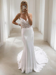 Wedding Dress Boutiques Near Me, Trumpet/Mermaid V-neck Court Train Stretch Crepe Wedding Dresses With Appliques Lace