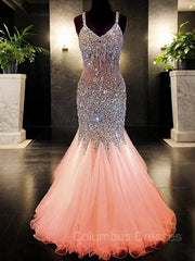 Black Tie Wedding, Trumpet/Mermaid V-neck Floor-Length Tulle Prom Dresses With Rhinestone