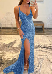 Evening Dresses Knee Length, Trumpet/Mermaid V Neck Sleeveless Sweep Train Allover Sparkly Sequined Prom Dress With Split