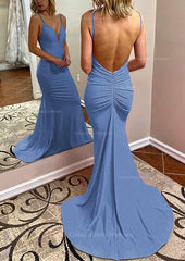 Formal Dress Floral, Trumpet/Mermaid V Neck Spaghetti Straps Court Train Jersey Prom Dress With Pleated