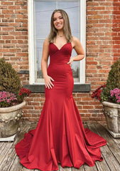 Party Dress Afternoon Tea, Trumpet/Mermaid V Neck Spaghetti Straps Sweep Train Satin Prom Dress