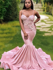 Formal Wedding Guest Dress, Trumpet/Mermaid V-neck Sweep Train Silk like Satin Prom Dresses With Appliques Lace