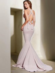 Dream Wedding, Trumpet/Mermaid V-neck Sweep Train Stretch Crepe Prom Dresses With Ruffles