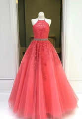 Evening Dress Dresses, Red Lace Floor Length Prom Dresses, A-Line Formal Evening Dresses