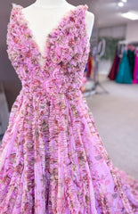 Tulle Floral Print Long Prom Dress with Ruffle Embellishments