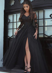 Wedding Guest Dress, Tulle Long/Floor-Length A-Line/Princess Full/Long Sleeve Sweetheart Zipper Prom Dress With Appliqued