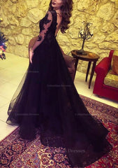 Prom Dresses 2050 Black Girl, Tulle Long/Floor-Length A-Line/Princess Full/Long Sleeve Sweetheart Zipper Prom Dress With Appliqued