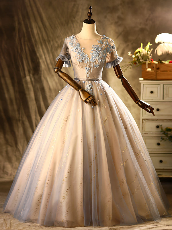 Tulle Sequins Appliques Short Sleeve Quinceanera Dress