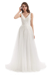 Wedding Dresses Princesses, Tulle Lace V-neck Backless Wedding Dresses