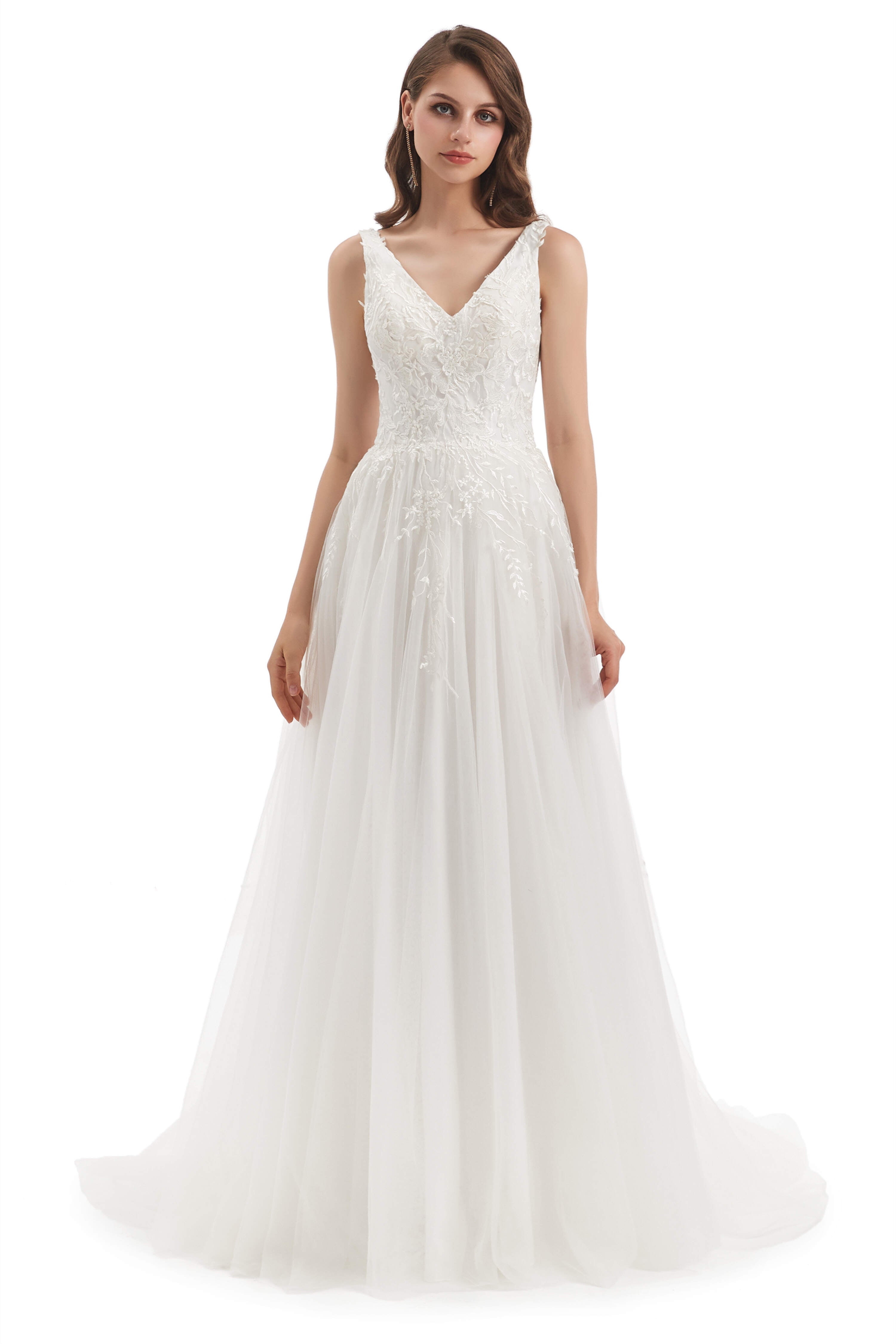 Wedsing Dress Princess, Tulle Lace V-neck Backless Wedding Dresses