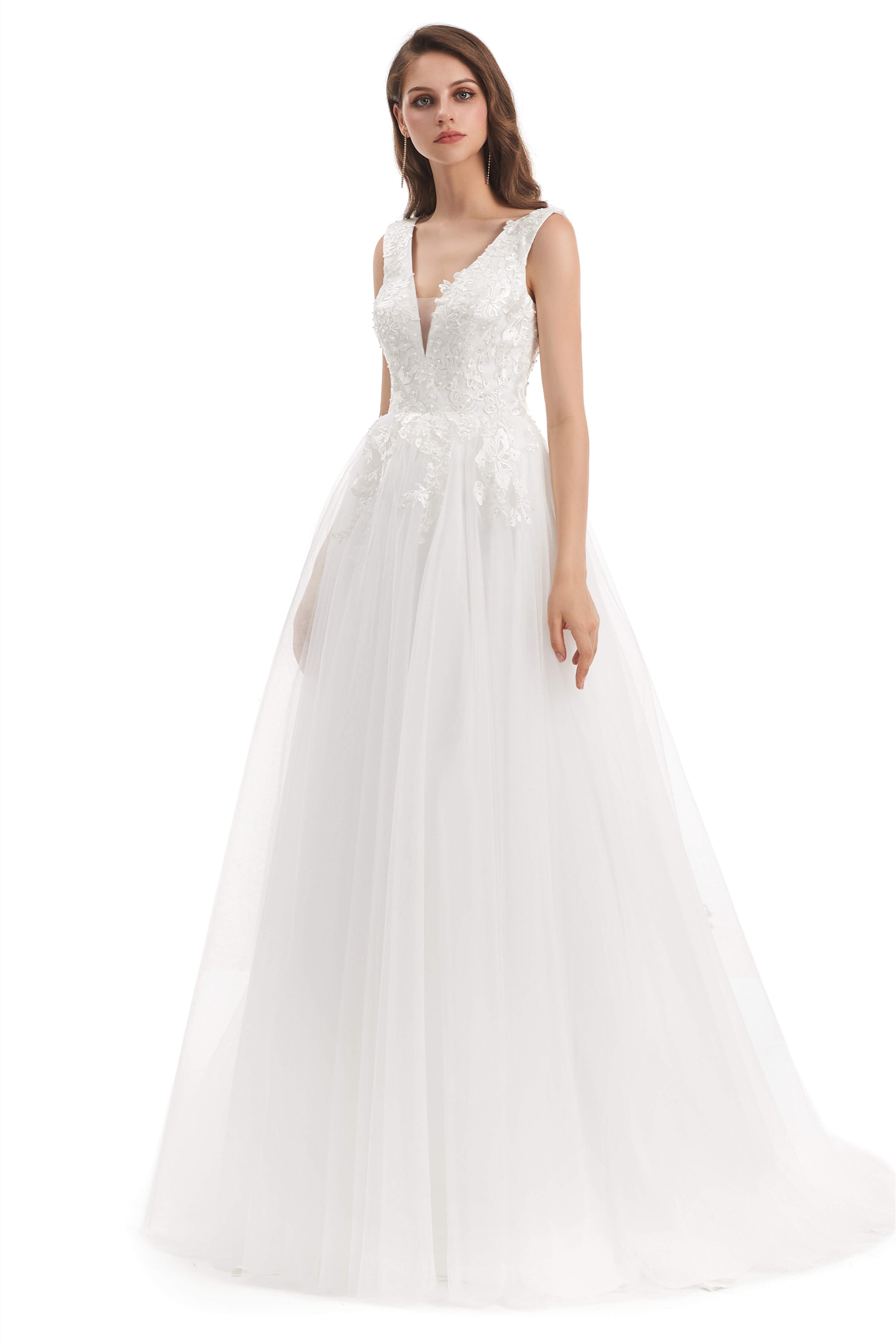 Wedding Dress Under 511, Tulle V-neck Backless Appliques Wedding Dresses