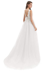 Wedding Dress Tulle, Tulle V-neck Backless Appliques Wedding Dresses