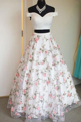 Party Dress Quick, Two Pieces Off The Shoulder Lace Floral White Prom Dresses, Off Shoulder White Formal Dresses, Two Pieces White Evening Dresses