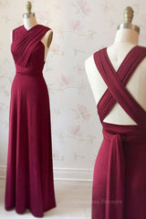 Formal Dresses Corset, Unique Burgundy Long Prom Dresses with Cross Back, Burgundy Formal Graduation Evening Dresses, Burgundy Bridesmaid Dresses