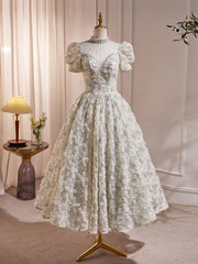 Formal Dressed Long, Unique Hight Neck Tulle Lace Tea Length Prom Dress, Light Green Formal Dress