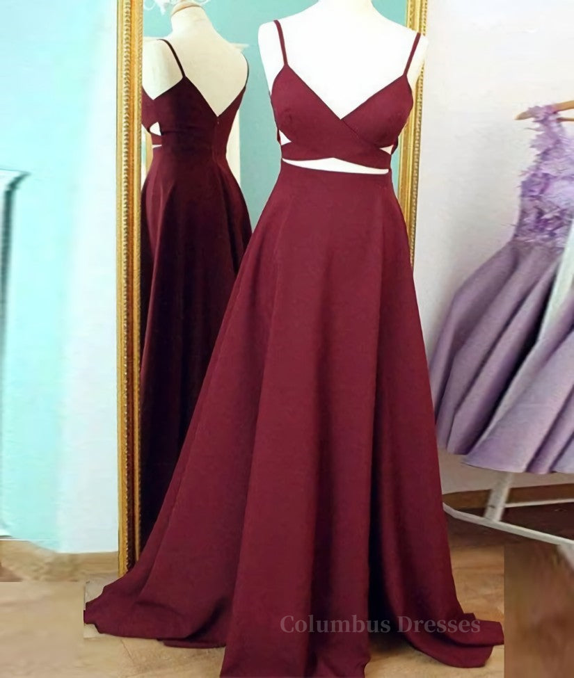 Formal Dress For Graduation, Unique Sexy Two Pieces Long Burgundy Prom Dresses, Burgundy Evening Dresses