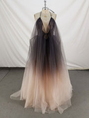 Evening Dresses 3 8 Sleeve, Unique V Neck Tulle Long Prom Dress Tulle Formal Dress