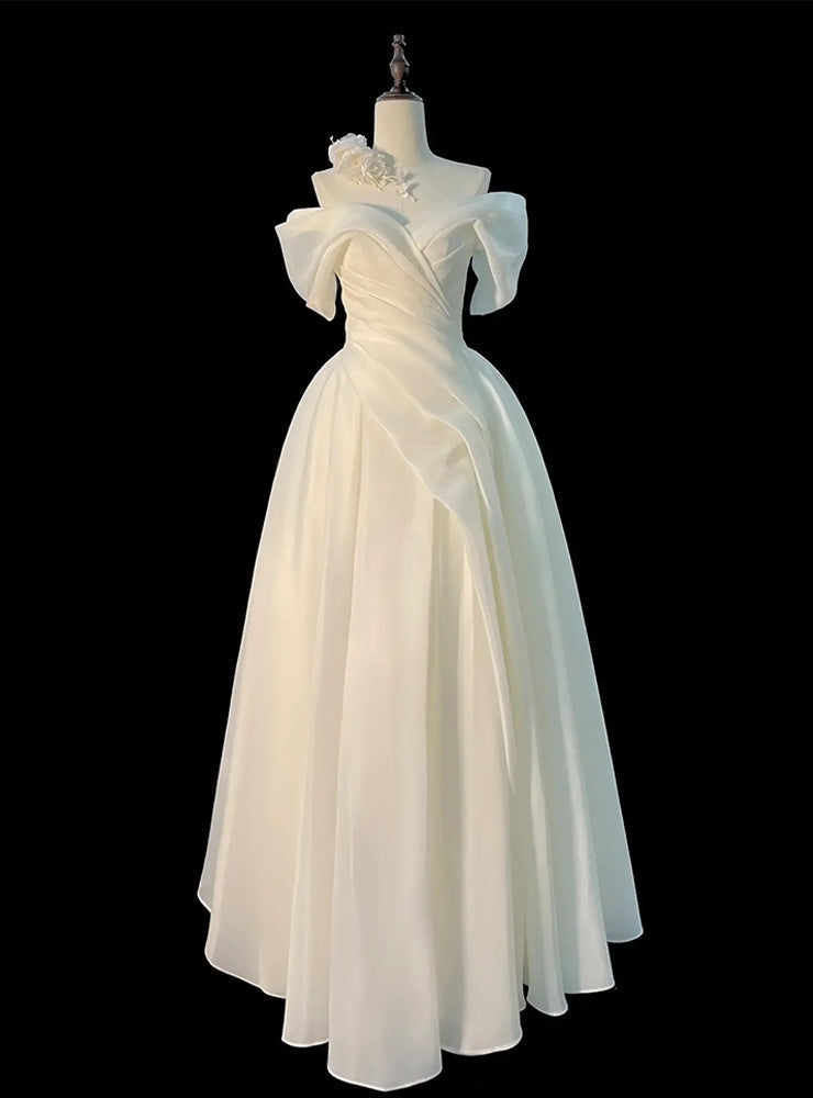 Unique White Satin Off the Shoulder Pleats Wedding Dress