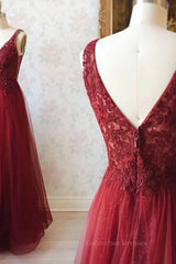 Formal Dress Homecoming, V Neck and V Back Burgundy Lace Long Prom Dresses, Open Back Burgundy Formal Dresses, Burgundy Lace Evening Dresses