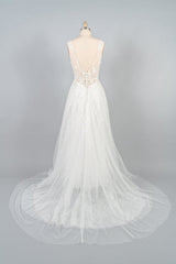 Wedding Dresses Budget, V-neck Appliques Tulle A-line Wedding Dress