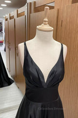 Formal Dress Suits For Ladies, V Neck Backless Black Satin Long Prom Dresses, Backless Black Formal Dresses, Black Evening Dresses