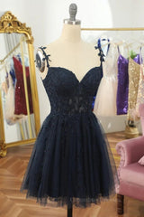 Party Dress Night Out, V Neck Beaded Navy Blue Lace Prom Dress, Navy Blue Lace Homecoming Dress, Short Navy Blue Formal Graduation Evening Dress