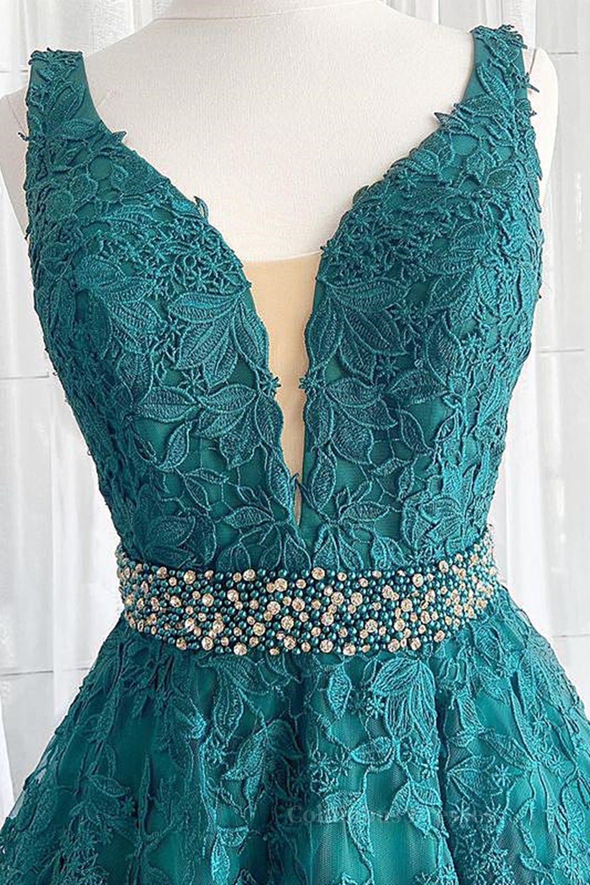 Prom Dress Sweetheart, V Neck Dark Green Lace Prom Dresses, Dark Green Lace Formal Evening Dresses