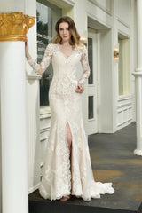 Wedding Dressed Under 1010, V-Neck High Split Long Sleeves Lace Wedding Dresses With Court Train