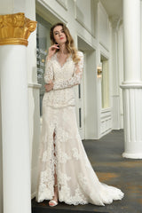 Wedding Dress Winter, V-Neck High Split Long Sleeves Lace Wedding Dresses With Court Train