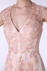 Cocktail Party Outfit, V-Neck Lace Applique Tulle A Line Peach Pink Prom Dresses